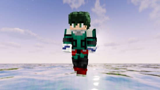Anime Minecraft skins: A Deku Minecraft skin from My Hero Academia hovers above trees in front of an ocean sunrise.