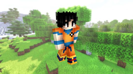 Best Minecraft skins: a Minecraft skin designed like goku from Dragon Ball Z, featuring his orange gi, blue belt, and black hair. 