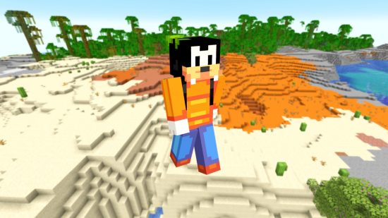 A Minecraft goofy skin model in front of the backdrop of red and normal Minecraft sand, with a jungle on the horizon.