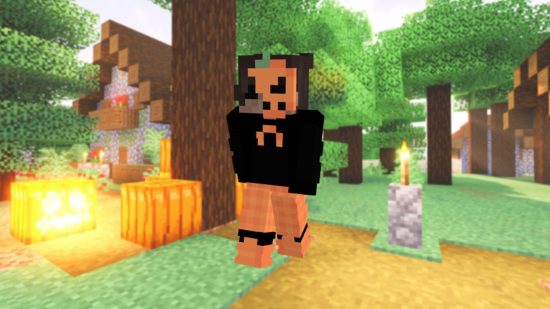 Best Minecraft skins: A player stands in a taiga village surrounded by pumpkins wearing a cool Halloween skin, featuring a half pumpkin mask, and matching orange pants, with a black top.