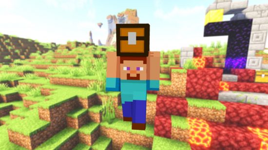 أفضل جلود Miencraft: جلد HD مضحك يضم Minecraft Steve مع تظليل إضافي وظلال ، ولكن أيضًا يحمل صندوقًا فوق رأسه