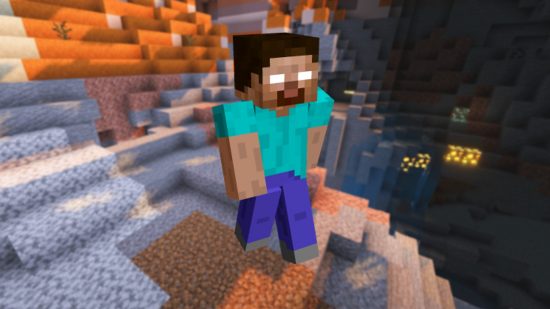 A Minecraft skin that looks like the mythical Herobrine in front of a backdrop of a cave, lit from one side by rays of daylight breaking through.
