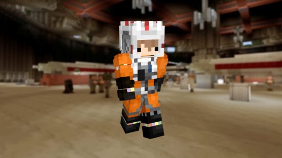 A player wearing a Luke Skywalker Minecraft skin, resembling his orange pilot suit in the spacecraft hangar in the Minecraft Star Wars world.