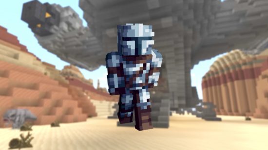 En spelare klädd i en Mandalorian Minecraft -hud står framför Razor Crest i Minecraft X Star Wars Crossover World
