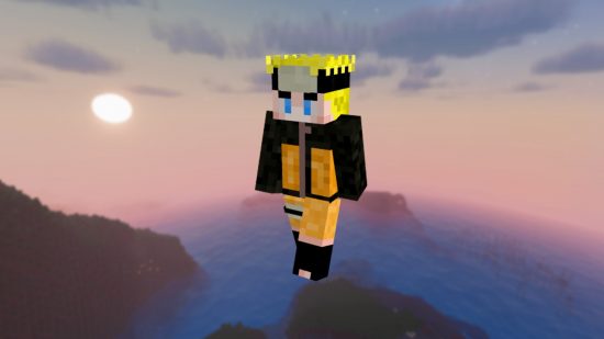 Nejlepší kůži Minecraft Anime: Naruto Skin, představující jeho ikonické žluté vlasy, čelenka a oranžově žlutý outfit