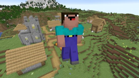 Bästa Minecraft -skinn - En Steve -hud med byxorna drog upp högre än normalt och en dum blick i ansiktet, vilket är överdrivet av hans drag som alla är högst upp i ansiktet