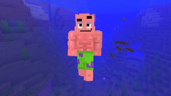 Καλύτερα δέρματα Minecraft: Ένα αστείο Buff Patrick Star Skin σε ένα φόντο του βαθύ μπλε ωκεανού, με το κολύμπι σολομού στο παρασκήνιο