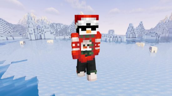 सर्वोत्कृष्ट मिनीक्राफ्ट स्किन्स: एक मस्त पेंग्विन परिधान केलेला सनग्लासेस आणि ख्रिसमस जम्पर