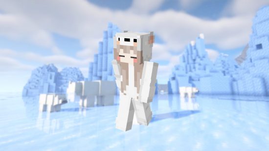 Cute Minecraft skins: A Minecraft player stands in the frozen ocean surrounded by polar bear, wearing a white and pastel-coloured polar bear onesie