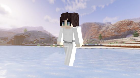 Играч, облечен в кожа на принцеса Лея Minecraft, облечен в емблематичната си бяла рокля и кифлички