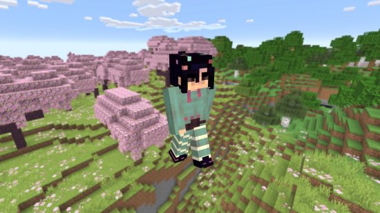 A Princess Vanellope Disney Minecraft skin shown over a backdrop of a cherry grove biome.