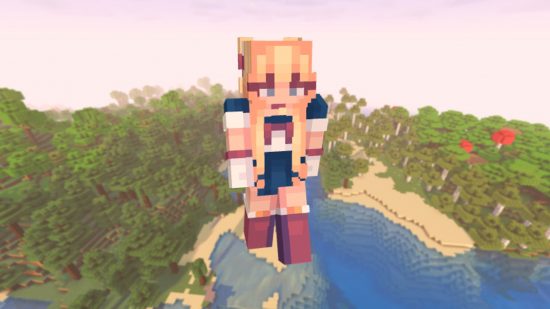 Minecraft anime skins: Classic Sailor Moon holds a gold sword and floats above a Minecraft landscape.