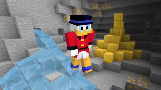 A model of a Scrooge McDuck Disney Minecraft skin shows over the background of a Minecraft cave filled with a pile of gold blocks and lots of gold ore.