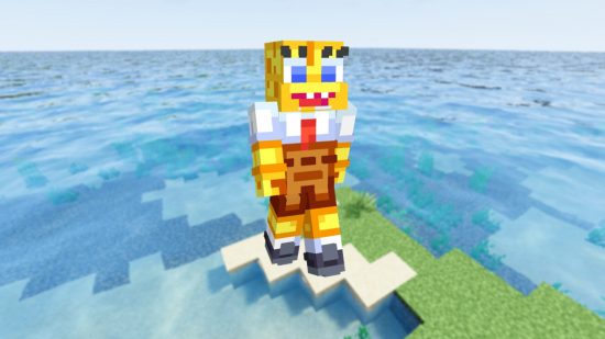 funny Minecraft skins: A highly detailed Spongebob skin, with large eyelashes and HD detailing stands on the an island in the ocean,