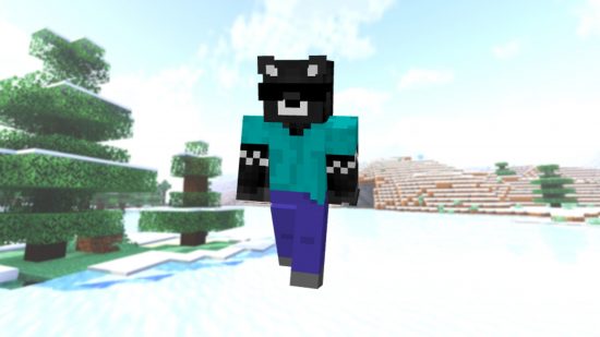 Beste Minecraft Skins: Ein Spieler trägt eine Haut, die dem von YouTuber Spreen ähnelt, ein graues Tier, das Unglassen trägt und Steve