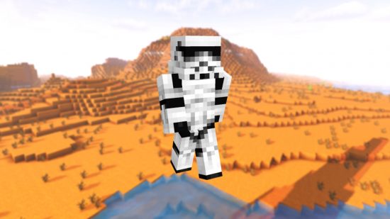 A Stormtrooper Minecraft skin on the backdrop of an orange sandy desert dune.