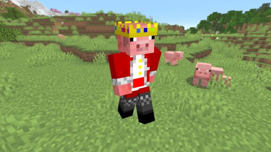 A Technoblade Minecraft skin with a red jacket and his iconic gold crown.