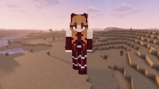 Beste Minecraft Skins: Ein rothaariger Spielercharakter in einer vollen scharlachroten Hexe vor dem Hintergrund einer sandigen Wüste