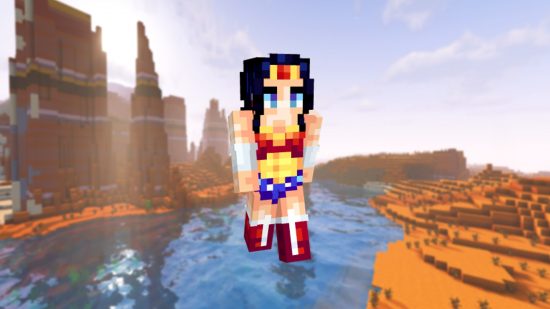 Best Minecraft skins: A player stands in front of a badlands biome wearing a cute Wonder Woman outfit, complete with long black hair, red boots, and bracelets of submission.