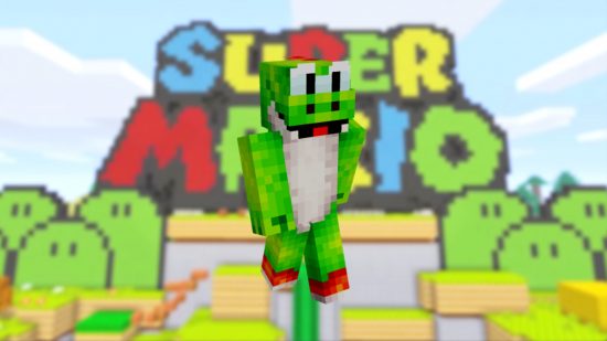 A bright green Yoshi Minecraft skin stands in front of the entrance to the Super Mario world in the Minecraft DLC.