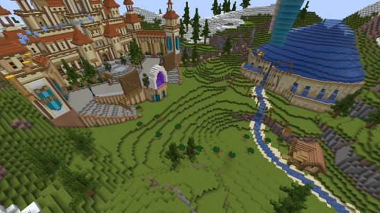 A top down view of a Minecraft server hosted on Minehut, featuring a castle and a water-covered base.