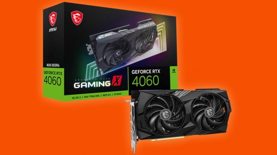 An image of the MSI RTX 4060 Gaming X GPU and its box art, on an orange background.