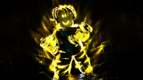 A Roblox person, shining gold, pumps iron.