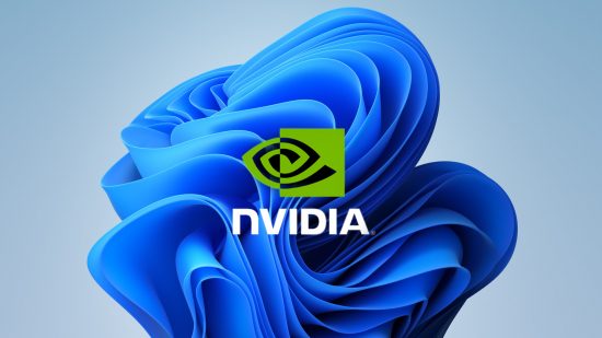 Nvidia GeForce Now Windows license deal: Nvidia logo appears in front of the Windows 11 blue bloom picture.
