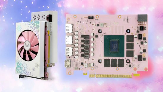 An image of a pink Nvidia GeForce RTX 3060 GPU and PBC with sakura flower details.