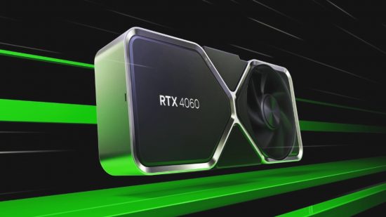 Nvidia GeForce RTX 4060 card mockup appears with flashing green lines behind it and a black background.