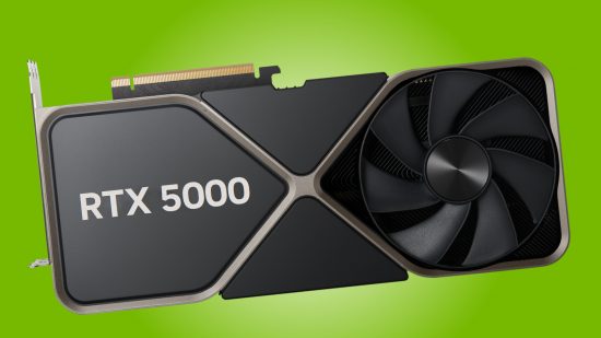 A mock up of an Nvidia GeForce RTX 5000 series graphics card against a green background