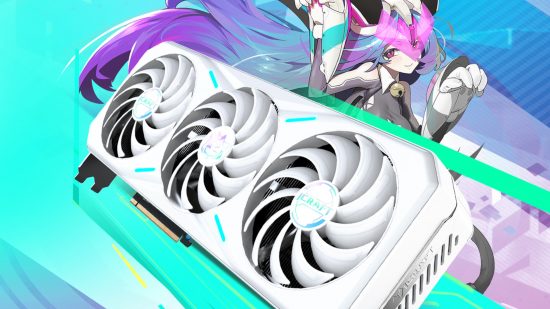 A MaxSun Nvidia GeForce RTX 40 series graphics card, in white, with an anime character in the background