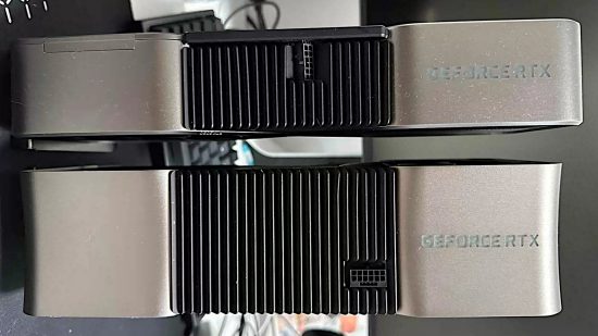 An alleged Nvidia RTX 4090 Ti cooler (bottom) compared to another, much thinner, GPU (top)