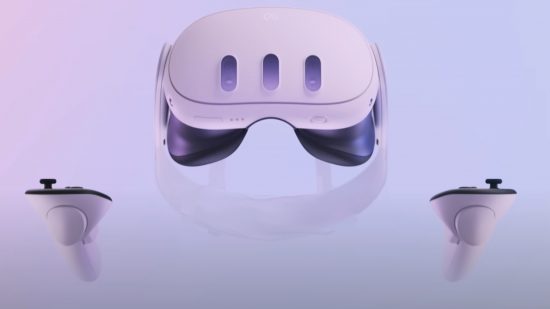 صورة لسماعات الرأس Meta Quest 3 الجديدة مع وحدات تحكم محمولة ومسحة وردية