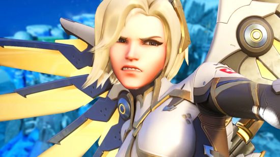 Overwatch 2 disables two maps due to Mercy exploit - Mercy grimaces as she flies over Antarctic Peninsula.