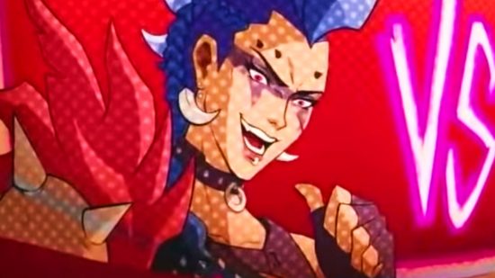 Overwatch 2 Flashpoint - Junker QUeen doing the 'thumb pointing at self and grinning' meme of Dio Brando from anime JoJo's Bizarre Adventure.