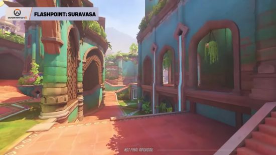 Overwatch 2 Flashpoint map Suravasa - teal buildings and paved streets filled with greenery and water features.