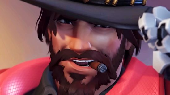 Overwatch 2 -Turniere - Cassidy, ein bärtiger Cowboy, spippt seinen Hut, als er begeistert auf einer Zigarre chomps