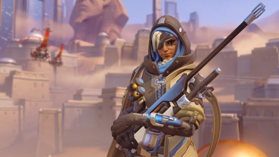 Overwatch characters: a woman in tacitcal gear, holding a large sniper rifle.