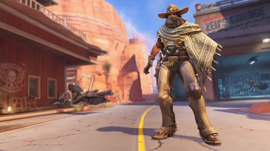 Overwatch 2 characters: a cowboy with poncho, hat, and face scarf.