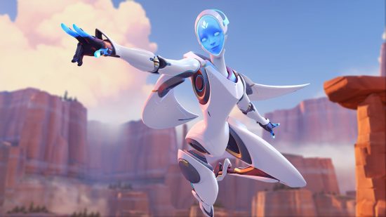 Overwatch 2 characters: a white and blue human-like robot.