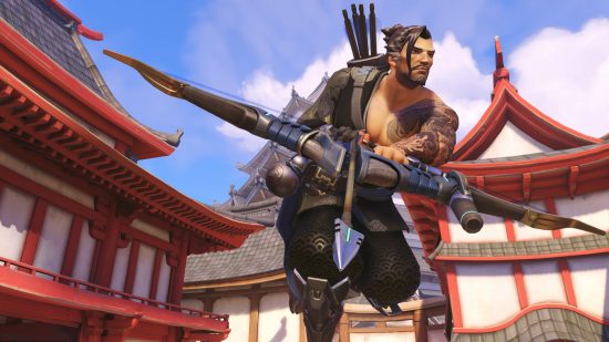 Overwatch 2 characters: a shirtless, tattooed man with long hair runs across a courtyard hold a bow.