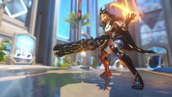 Overwatch 2 characters: a woman with bright, glowing eyes holds a large gun in one hand, and a ball of fire in the other.