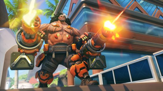 Overwatch 2 characters: a very large, muscle bound man, weilding two miniguns.