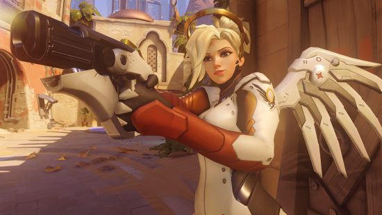 Overwatch 2 characters: a woman dressed in white, with white angel wings, holds a handgun.
