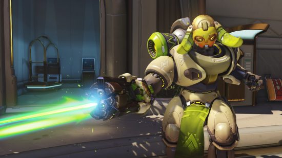 Overwatch 2 characters: a large, four-legged green and beige robot fires a volley from their arm cannon.