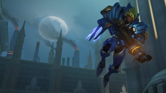 Overwatch 2 characters: a woman in a blue flight suit and jetpack.