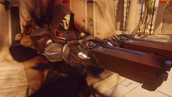 Overwatch 2 characters: a ghostly figure in a hood and skull mask wields two shotguns.