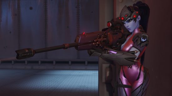Overwatch 2 characters: a purple skinned woman with long hair and a spider-like visor holds a large sniper rifle.
