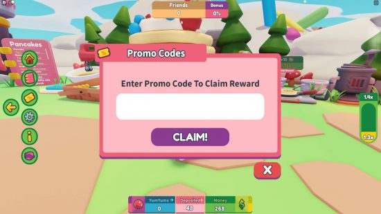 The code redemption screen for Pancake Empire Tower Tycoon codes.